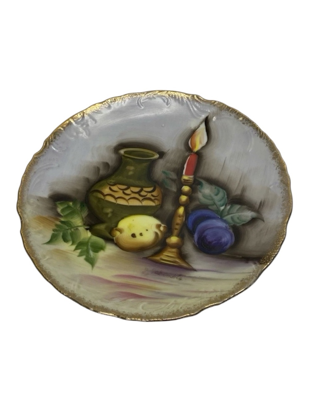 Hand-Painted Decorative Plate with Green Vase and Gold Candle